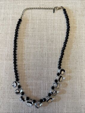 Vintage EsMor Black Beaded Necklace with Clear Accent Beads - Murano style!
